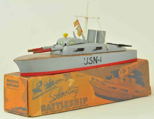 Appraisal: KEYSTONE ''SHOOTING'' BATTLESHIP Boxed example all wood construction popular USN-