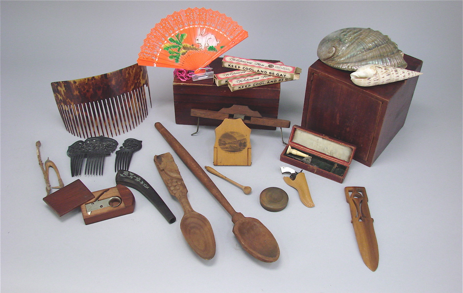 Appraisal: ODD LOT Five wooden implements three painted fans folding antenna