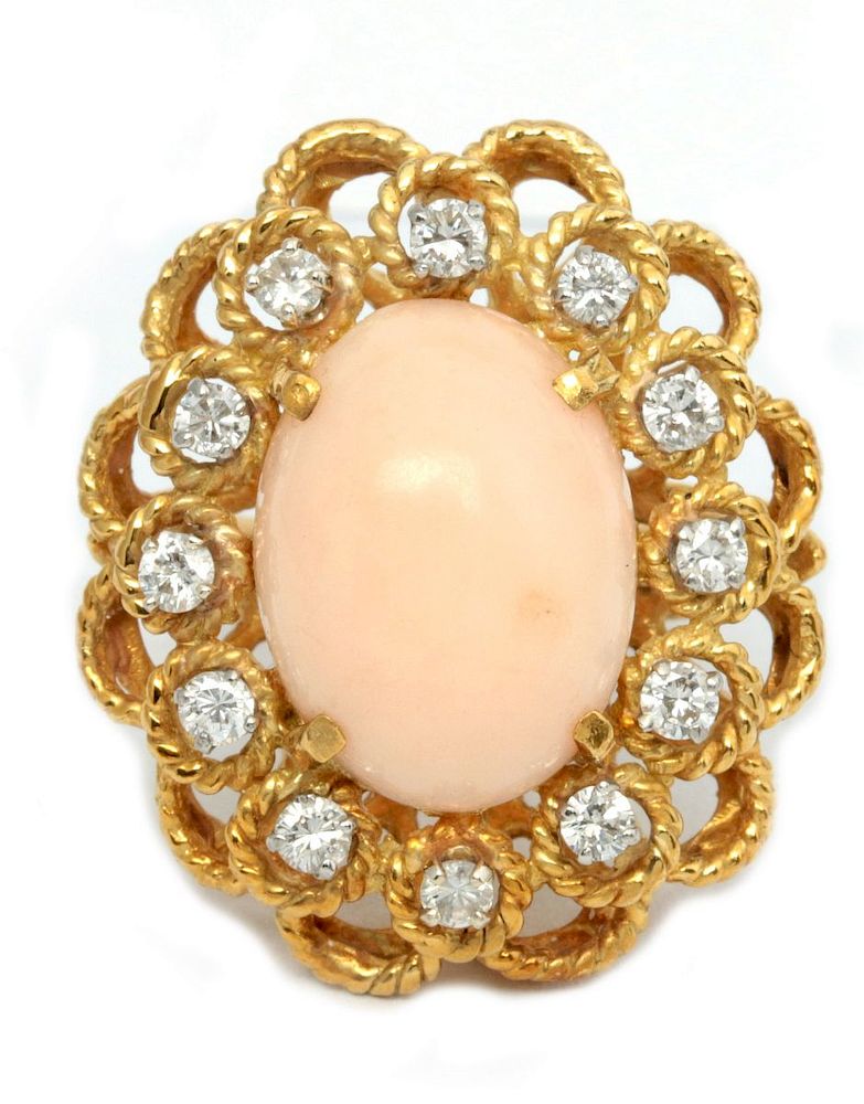 Appraisal: AN K GOLD DIAMOND AND PINK CORAL CABOCHON RING The