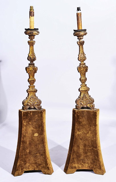 Appraisal: A PAIR OF ANTIQUE ITALIAN GILTWOOD CANDLE LAMPS on velvet