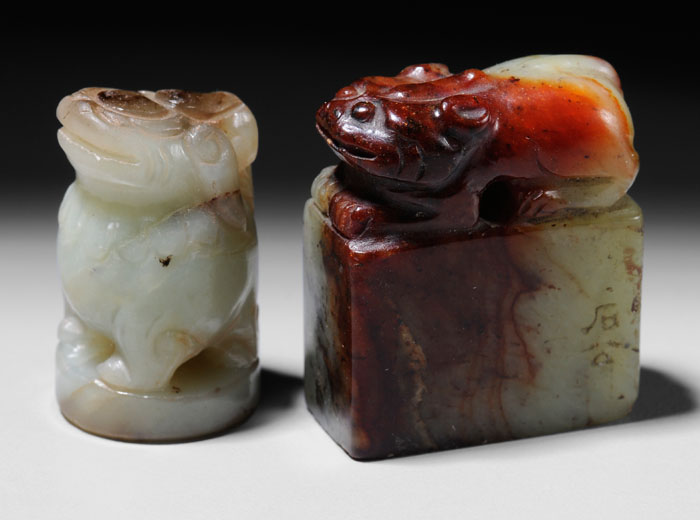 Appraisal: Two Jade Seals Possibly Han celadon with red brown inclusions