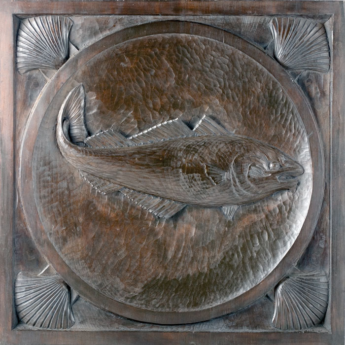 Appraisal: CHIP-CARVED WOOD PLAQUE OF A FISH WITHIN RONDEL WITH SCALLOP