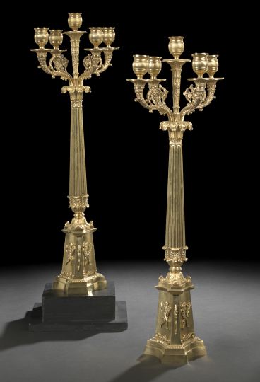 Appraisal: Tall Pair of Louis-Philippe-Style Gilt-Lacquered Brass Five-Light Candelabra in the