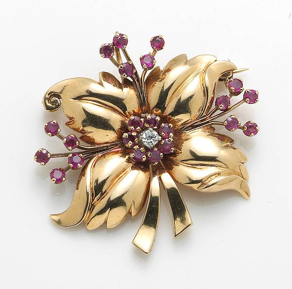 Appraisal: A ruby diamond and k gold brooch-pendant dimensions x in