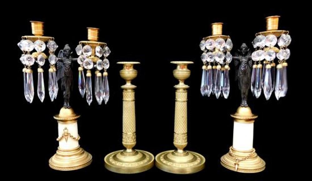 Appraisal: Two pair of French Empire gilded bronze candlesticks th C