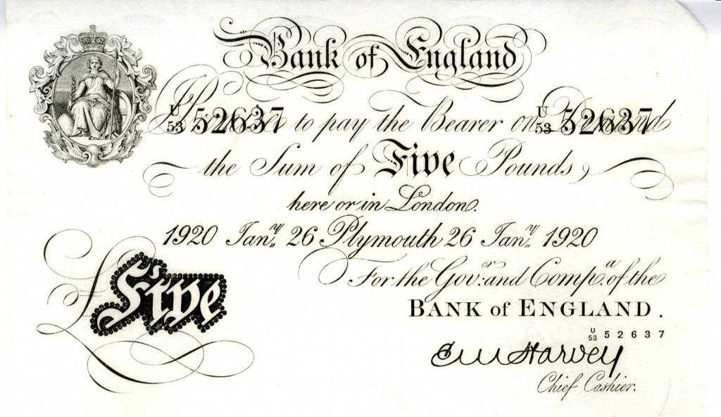 Appraisal: BANK OF ENGLAND E M HARVEY WHITE FIVE POUNDS PLYMOUTH