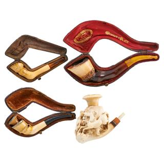 Appraisal: EQUESTRIAN MEERSCHAUM PIPES Four Three in the shape of a