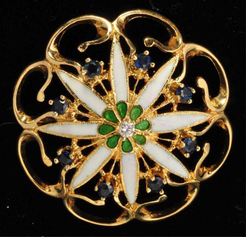 Appraisal: K Y Gold Diamond Sapphire Enamel Pin Description Diamonds ctw