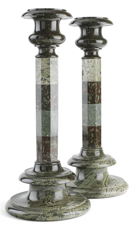 Appraisal: A pair of late th century Cornish serpentine candlesticks with