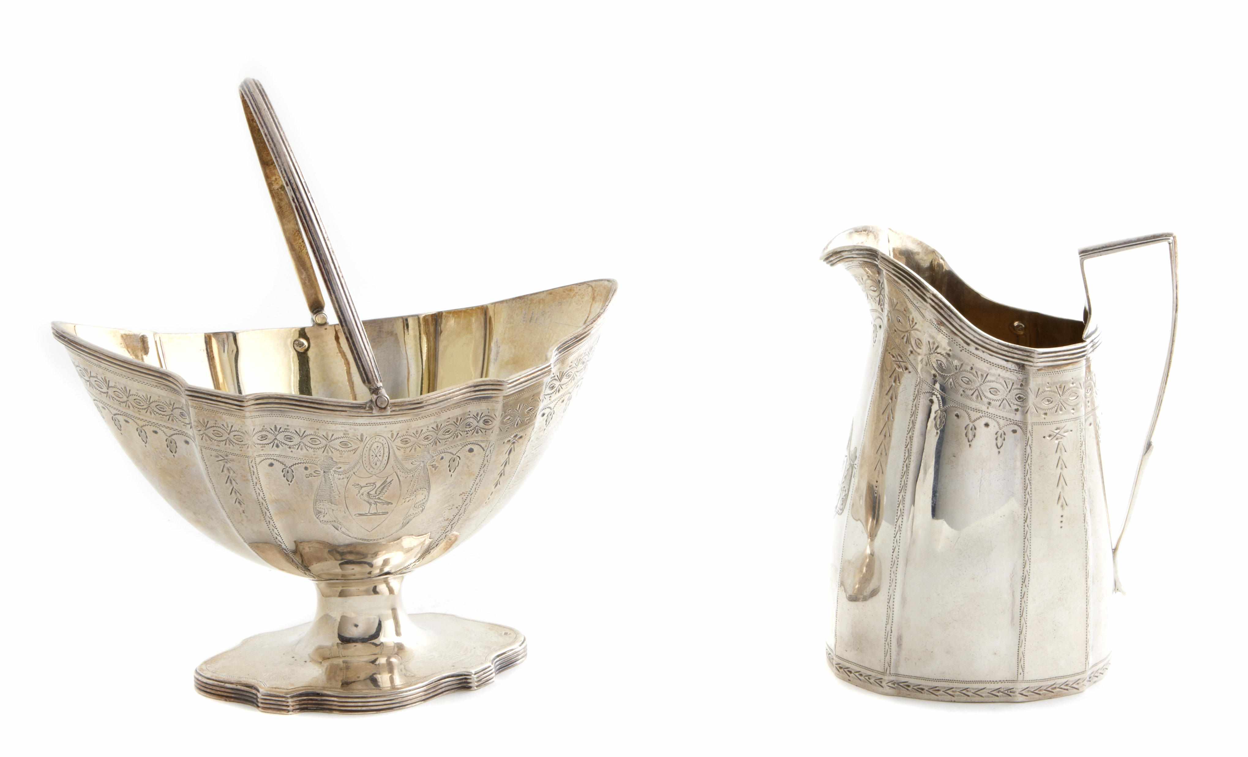 Appraisal: George III silver shaped oval sugar basket with bright cut