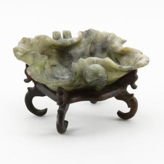 Appraisal: Chinese Carved Jade Lotus Leaf Brush Washer on Wooden Stand