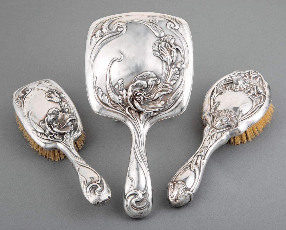 Appraisal: American Art Nouveau Sterling Silver Dresser Set Unger Brothers Newark