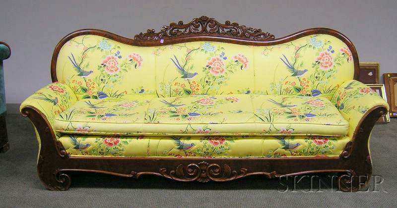 Appraisal: Victorian Upholstered Carved Walnut and Mahogany Veneer Sofa approx lg