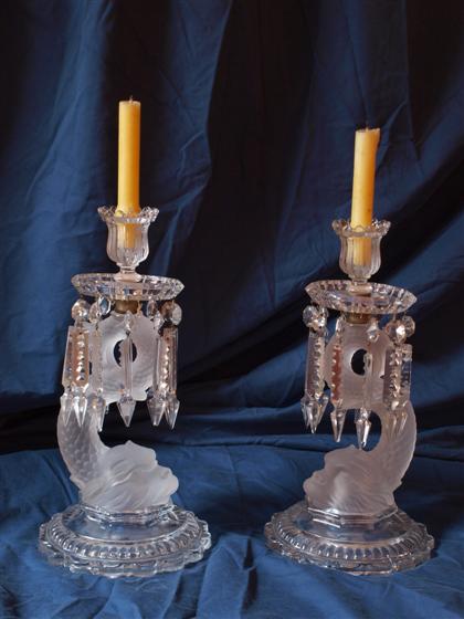 Appraisal: Pair of clear and frosted glass dolphin form candlestickslate th