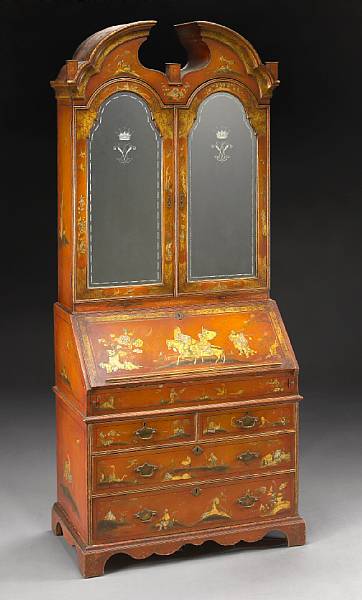 Appraisal: A George II style coral lacquered bureau cabinet th century