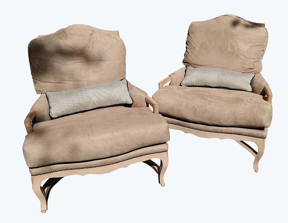 Appraisal: PR FRENCH BLEACHED SUEDE-UPHOLSTERED ARMCHAIRSManufactured by Kreiss Of generous proportions