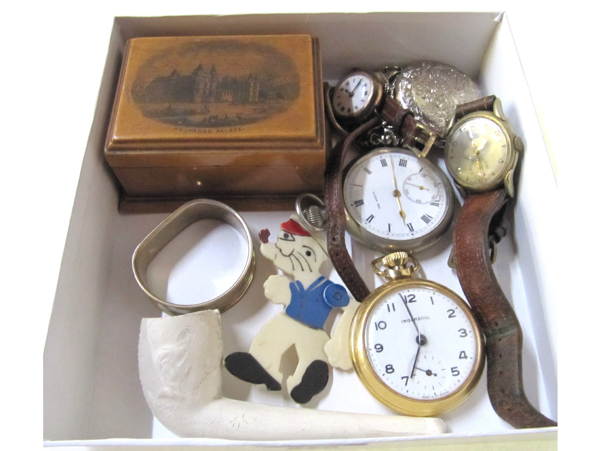 Appraisal: A box of miscellania - Mauchline box watches napkin ring