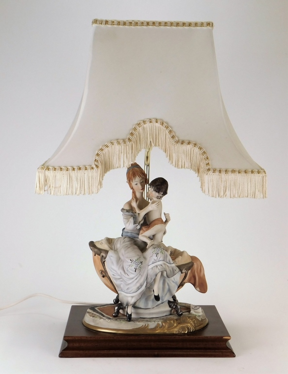 Appraisal: CAPODIMONTE MOTHER CHILD TABLE LAMP Italy th CenturyWhite fringe shade