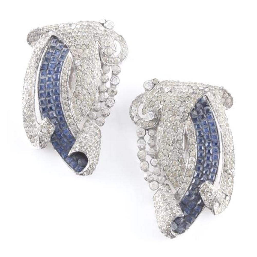 Appraisal: TWO UNSIGNED ART DECO DRESS CLIPS WITH PAVE DIAMANTE AND