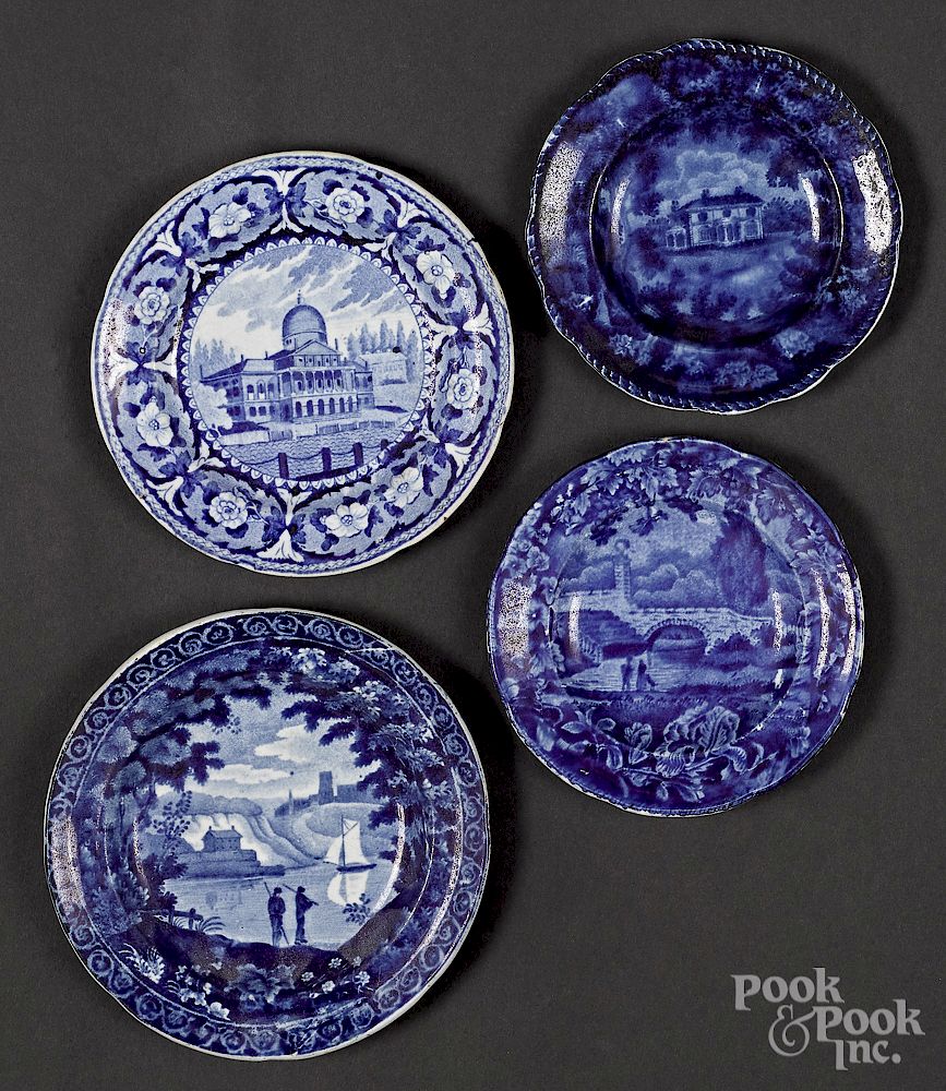 Appraisal: Four blue Staffordshire toddy plates Exclusive on Bidsquare Four blue