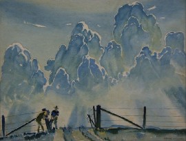 Appraisal: Kenneth MacQueen - Mending the Fence watercolour signed 'KENNETH MACQUEEN'