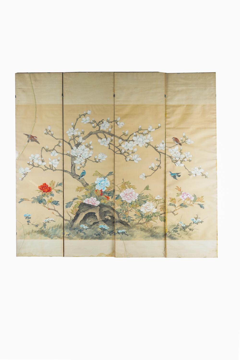 Appraisal: FOUR JAPANESE WATERCOLOR PANELSforming a continuous scene Condition with creases