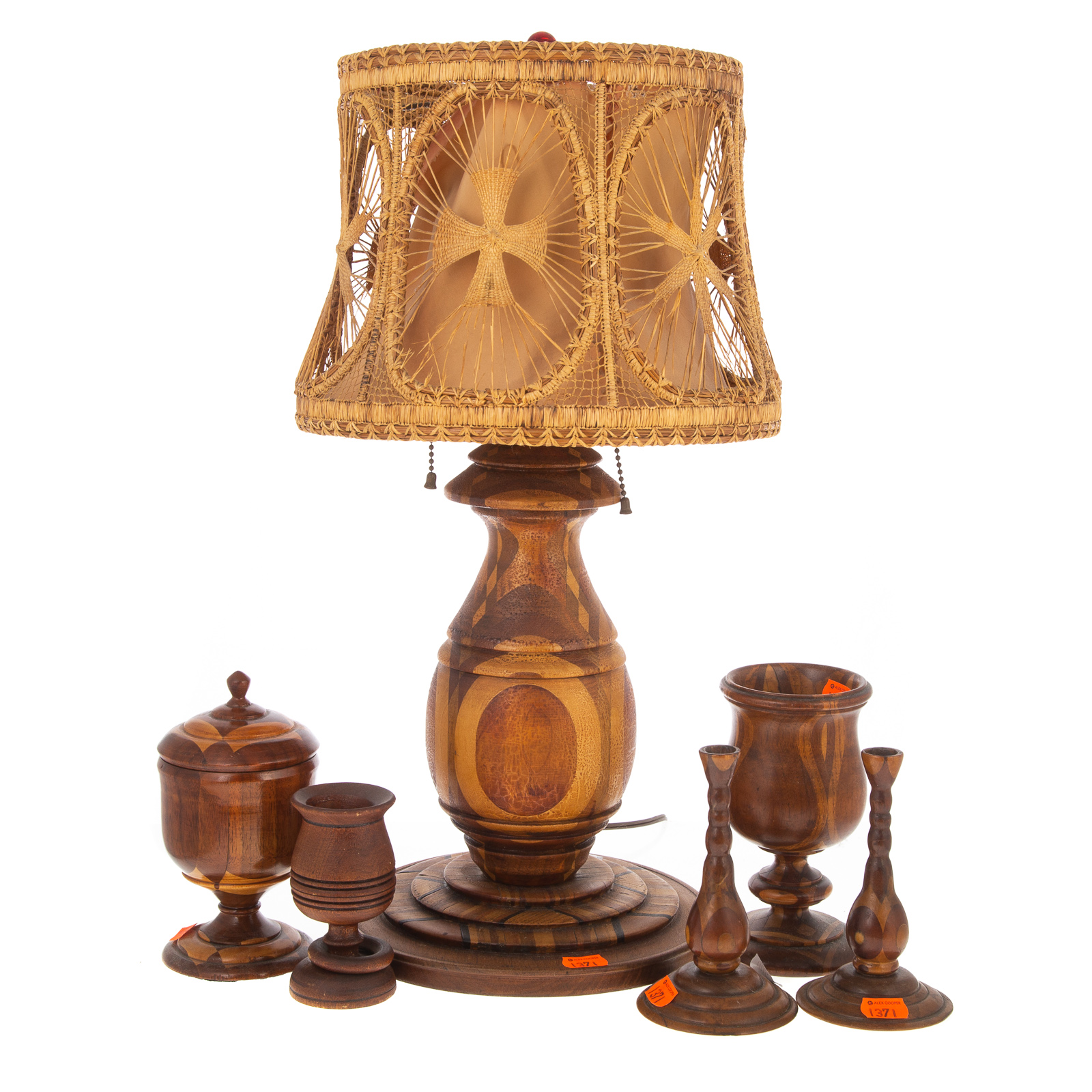 Appraisal: GROUP OF SIX MIXED WOOD TREENWARE ARTICLES Includes lamp with