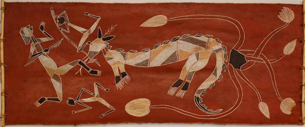 Appraisal: BOBBY NGANJMIRRA KANGAROO BEING SPEARED BY MIMI ACRYLIC ON BARK