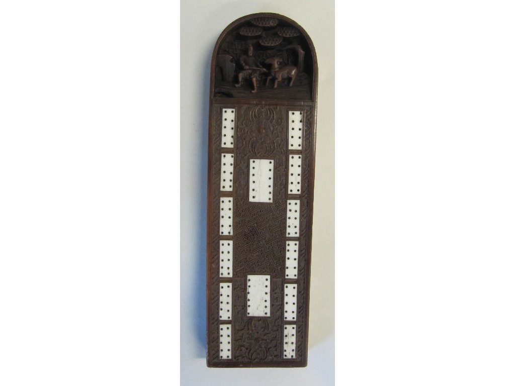 Appraisal: Chinese carved wood cribbage board with ivory inlaid panels