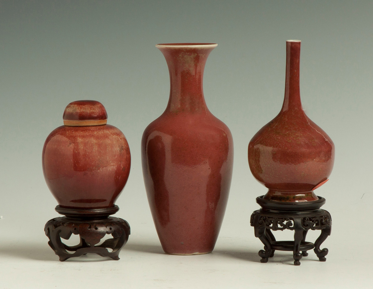 Appraisal: Three Chinese Oxblood Flamb Vases Oxblood Covered Jar Qianlong period