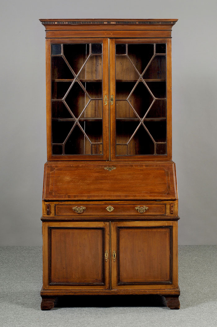 Appraisal: GEORGE III INLAID MAHOGANY SECRETARY BOOKCASE The cove and dentil-molded