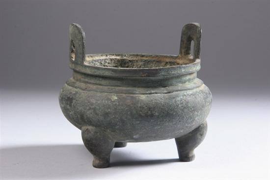 Appraisal: CHINESE BRONZE CENSER Xuande mark Bomb body upright handles -