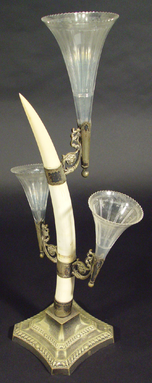 Appraisal: Silver plated three branch epernge with ivory tusk stem the