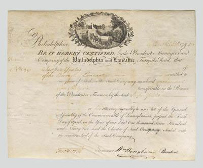 Appraisal: William Bingham signed stock certificate for one share of the