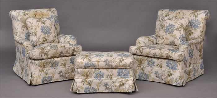 Appraisal: PAIR OF CONTEMPORARY UPHOLSTERED CLUB CHAIRS AND MATCHING OTTOMAN Each