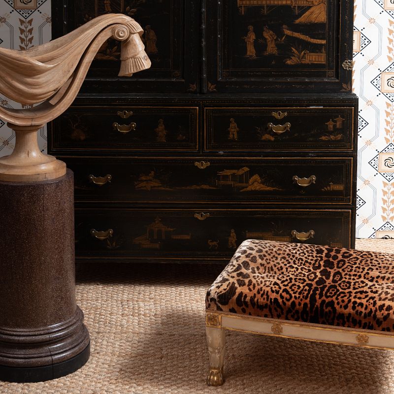 Appraisal: Empire Painted and Parcel-Gilt Tabouret Upholstered in silk leopard velvet