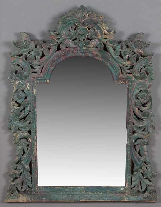 Appraisal: SPANISH BAROQUE-STYLE POLYCHROME CARVED WOOD WALL MIRROR The arched mirror