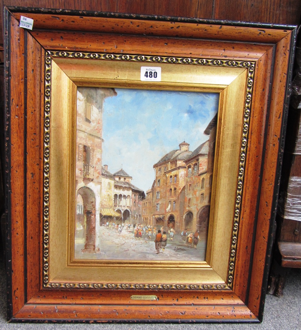 Appraisal: Sergio Cozzuol b Italian piazza oil on canvas signed cm