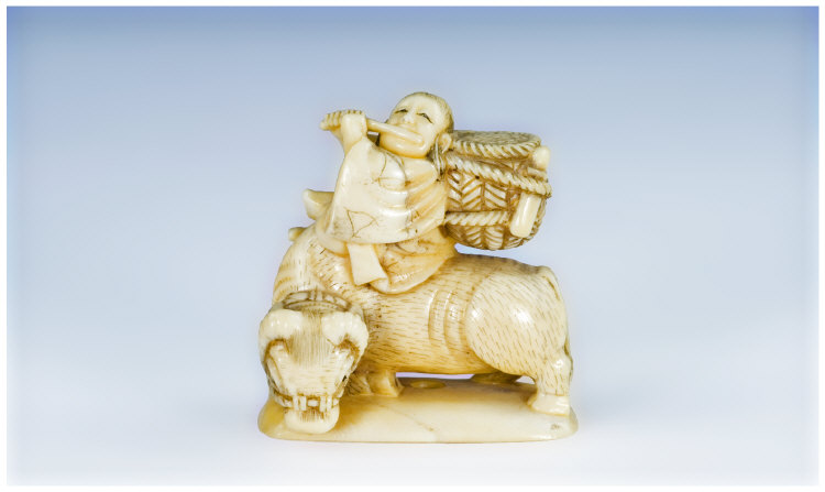 Appraisal: Finely Detailed Ivory Netsuke Depicting an Agricultural Worker riding an