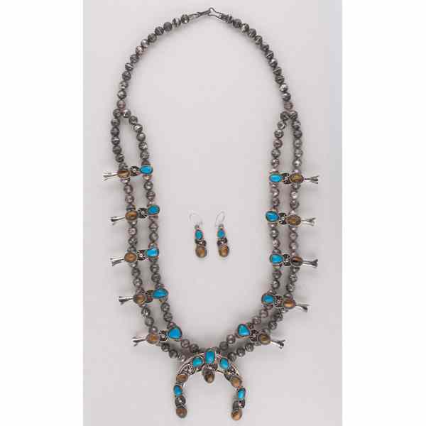 Appraisal: Navajo Squash Blossom Necklace with Tiger-Eye and turquoise with matching