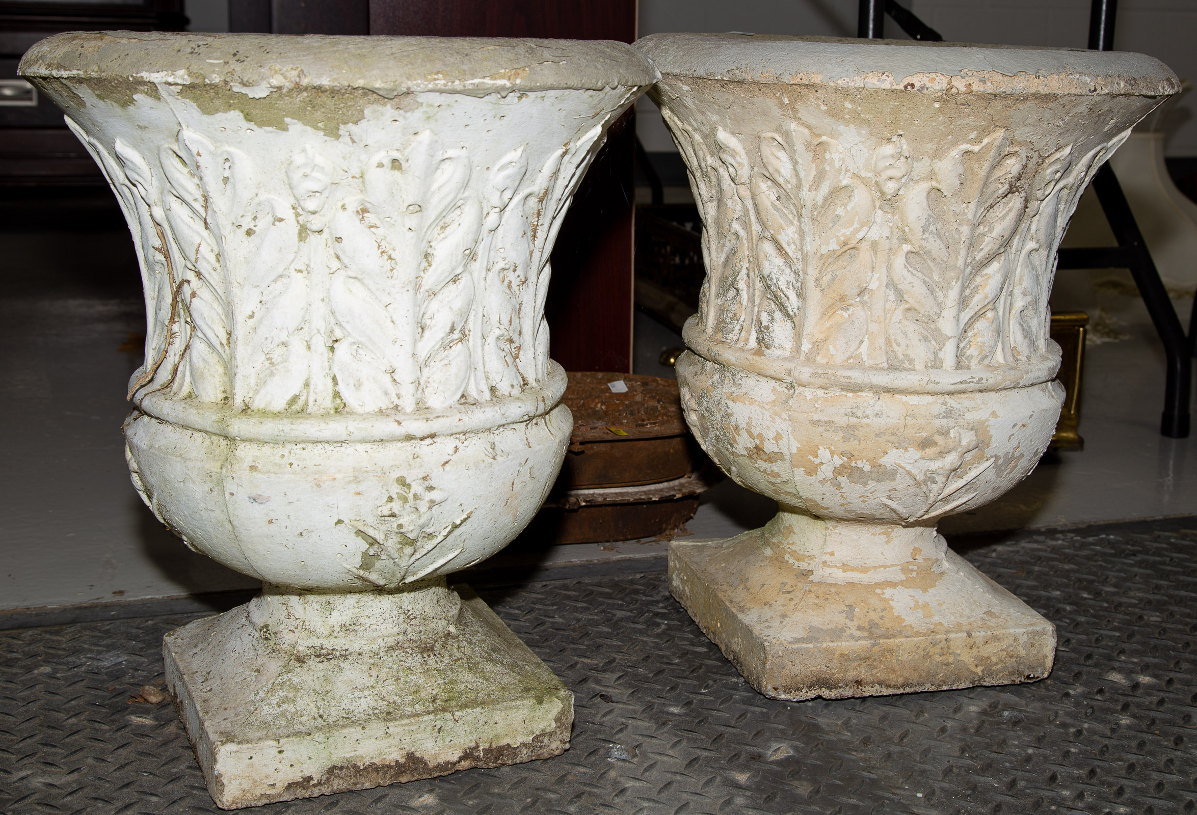 Appraisal: TWO CONCRETE GARDEN URNS Each in H