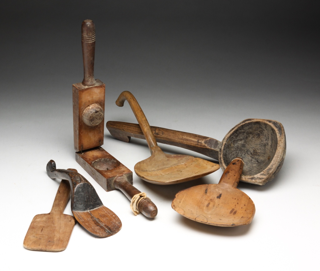 Appraisal: SIX AMERICAN WOODEN UTENSILS Nineteenth-early th century Butter paddles spatulas