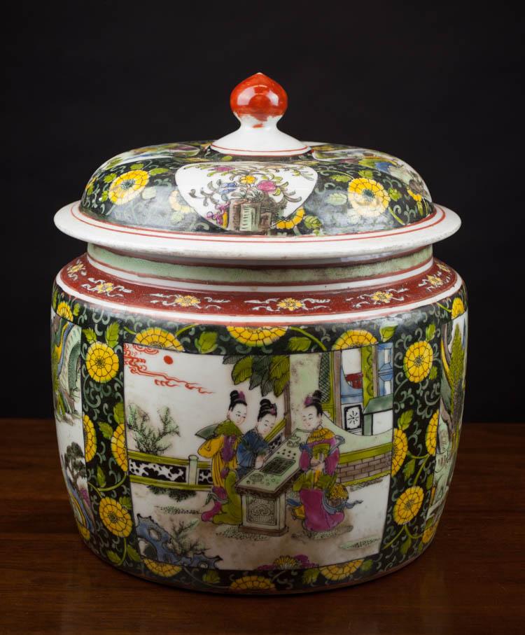 Appraisal: QING STYLE FAMILLE ROSE LIDDED VESSEL having narrative decorated panels