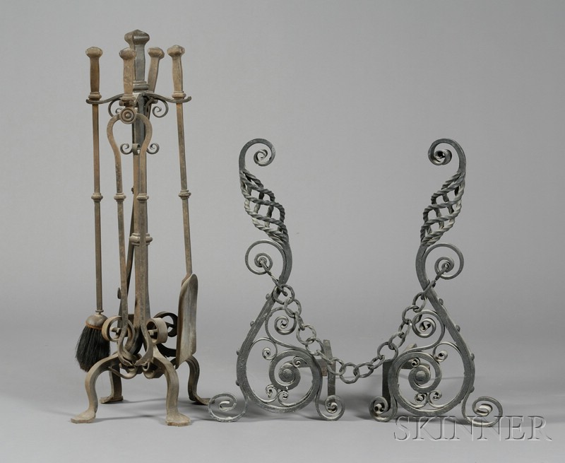 Appraisal: Pair of Jacobean-style Wrought-iron Andirons and Set of Associated Fire