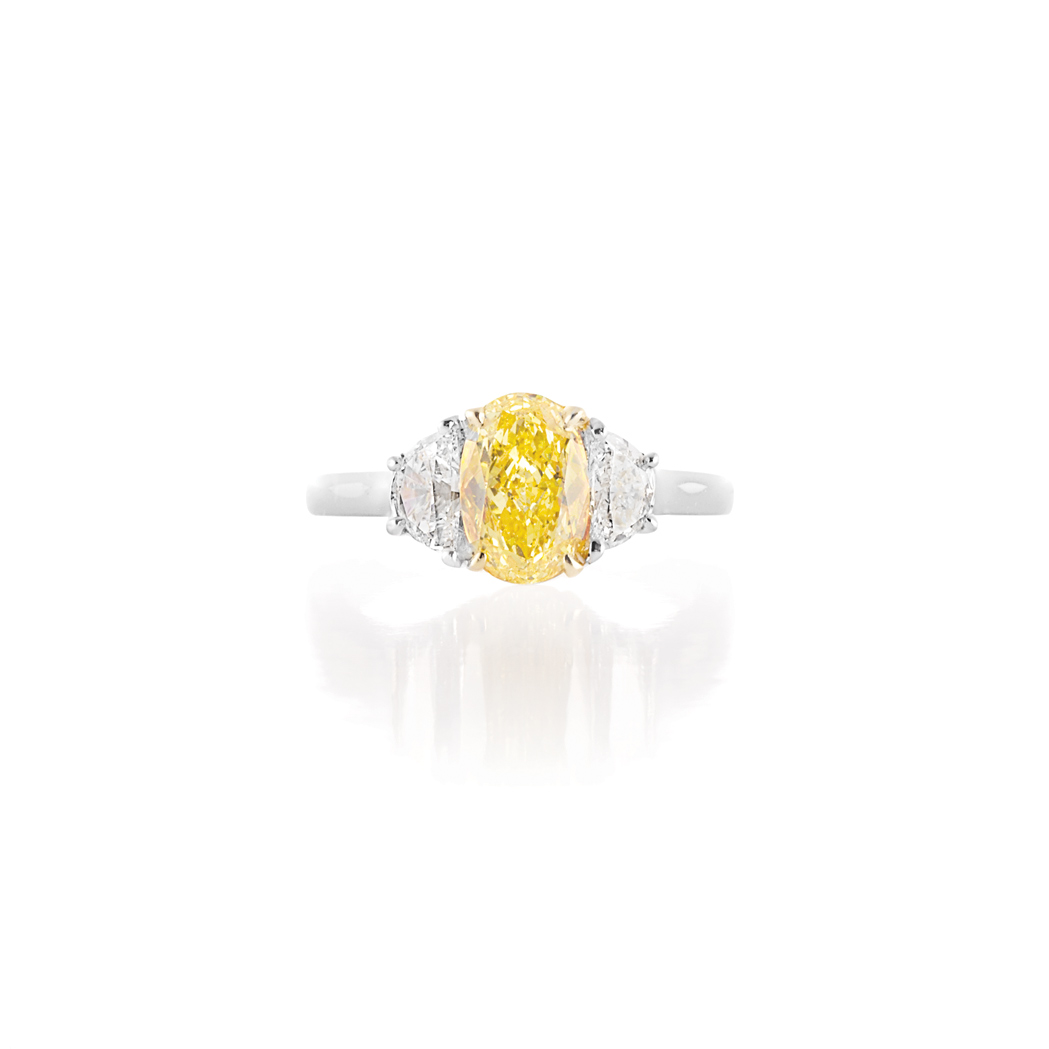 Appraisal: Platinum Gold Fancy Intense Yellow Diamond and Diamond Ring Centering