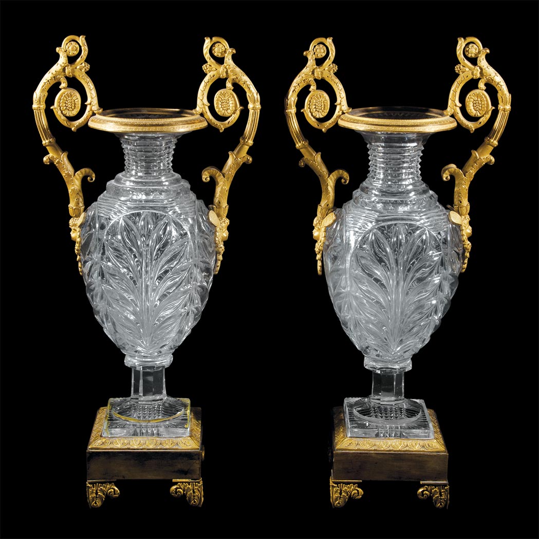 Appraisal: Pair of French Gilt-Bronze Mounted Cut Glass Urns Probably Baccarat