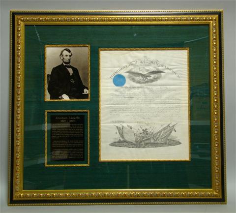 Appraisal: ABRAHAM LINCOLN SIGNED PRESIDENTIAL DOCUMENT Partially printed military commission SIGNED