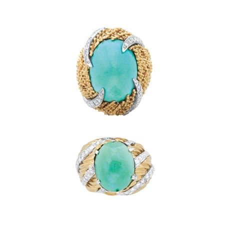 Appraisal: Two Gold Cabochon Turquoise and Diamond Rings Estimate -