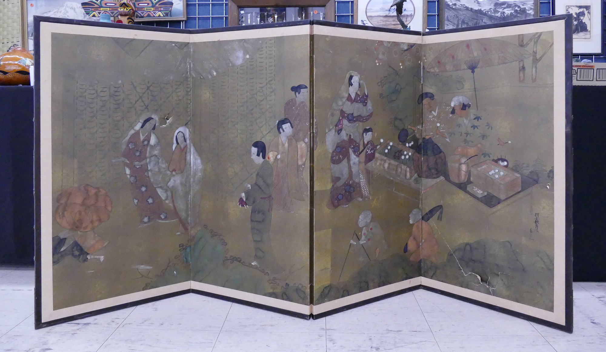 Appraisal: Meiji Japanese Panel Painted Screen- As Is- x ''