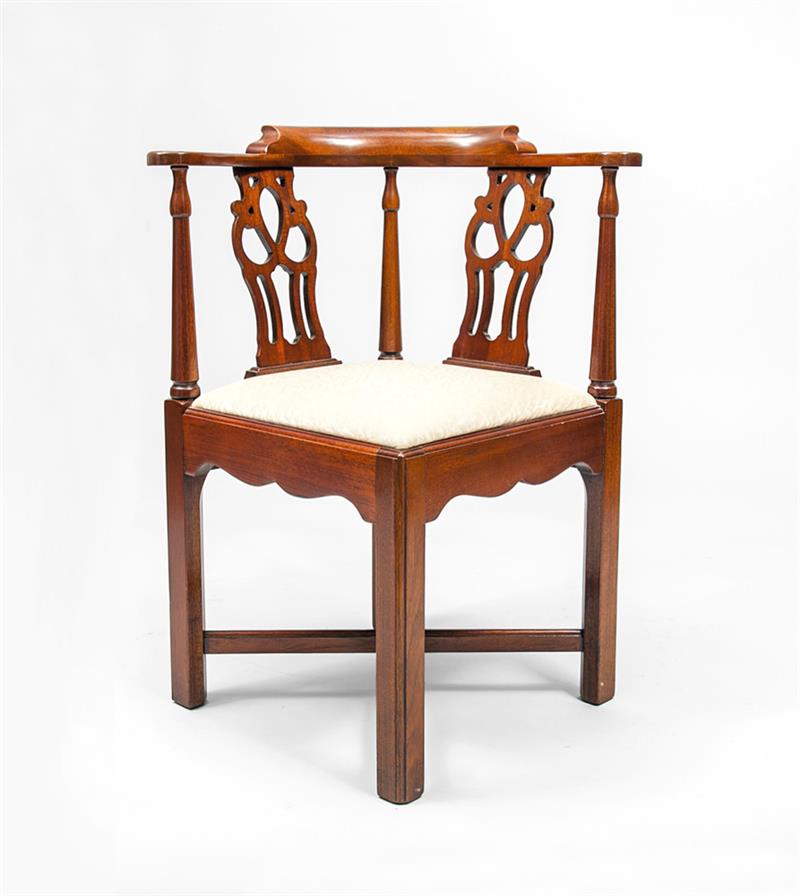 Appraisal: George III Style Carved Mahogany Corner Chair With upholstered drop